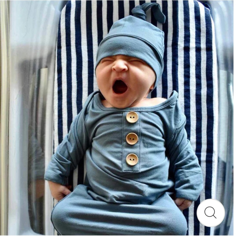 Caden Lane Dusty Blue Baby Knot Gown and Hat Set + Matching Maternity Robe